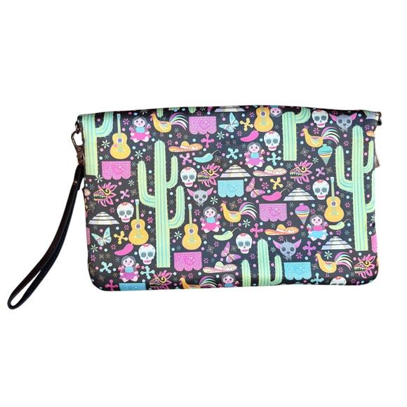 Tawi Sugar Skull Mexican Themed Bright and Colorful Wristlet Clutch Handbag - Picture 2 of 10
